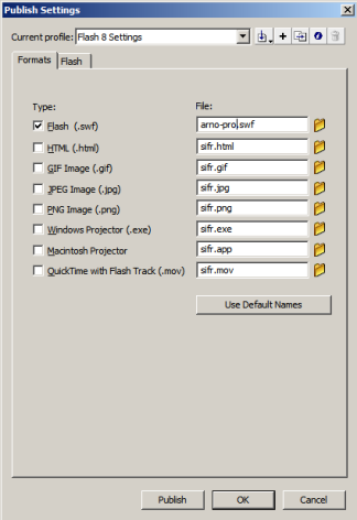 Screen shot of the first Flash Publish Settings tab.