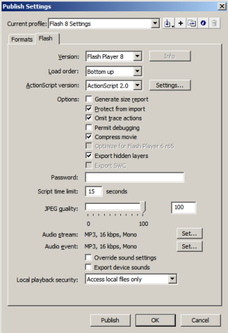 Screen shot of the second Flash Publish Settings tab.